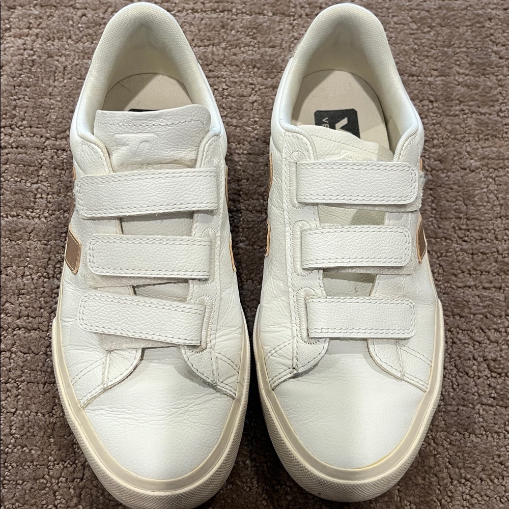 Veja White Cream Sneakers with gold accent
